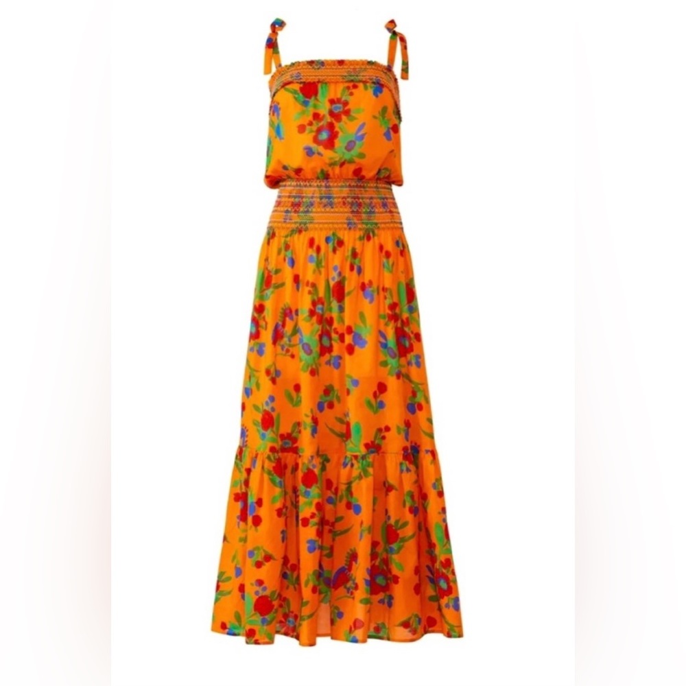 🎉HP🎉New! Tory Burch Orange Multi Toucan Tropical Smocked Dress Size L $448🌿🧡 - Picture 4 of 16